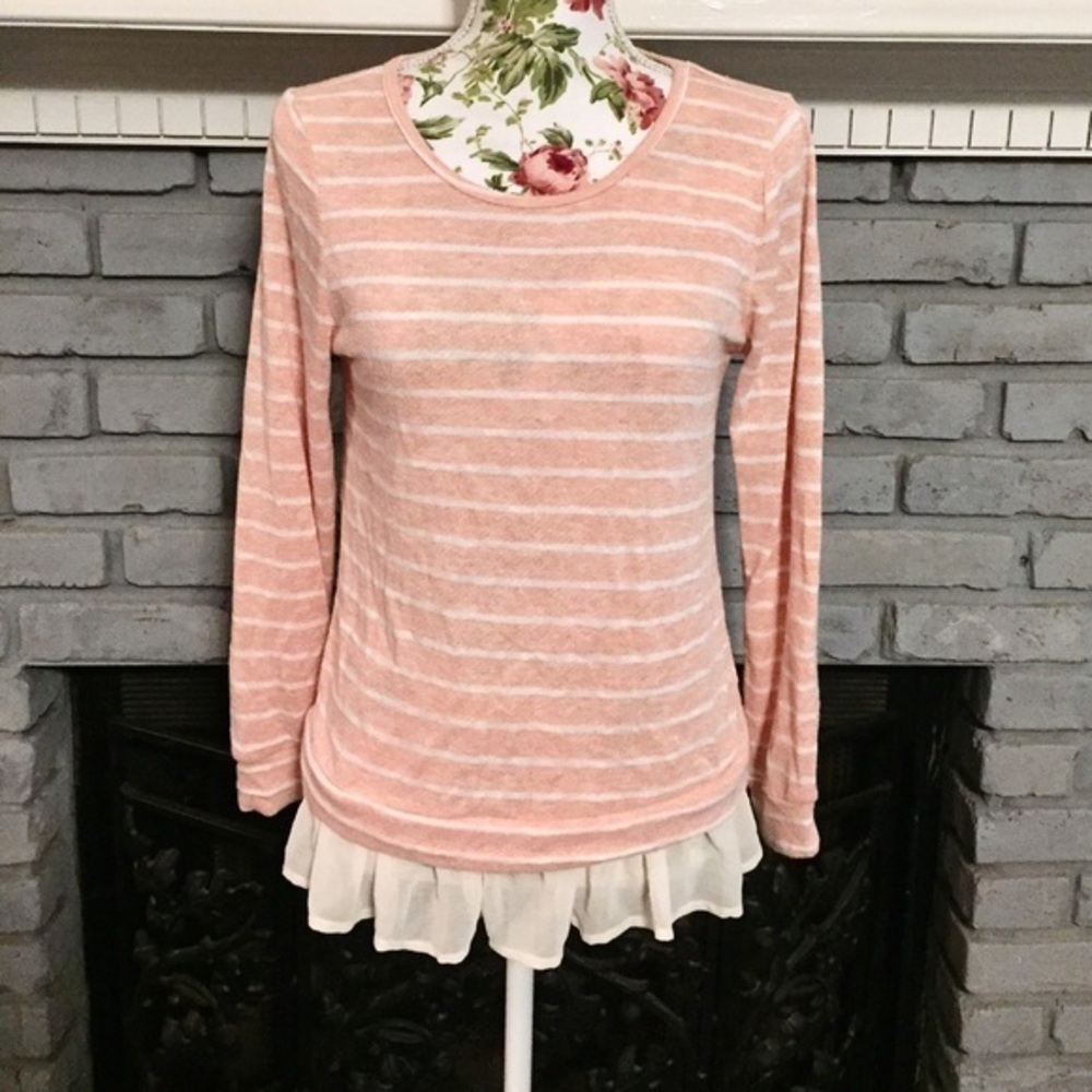 Peach Pink Striped Ruffle Sweater Top Sheer Panel
